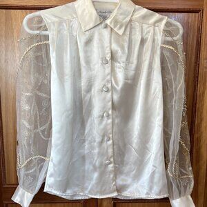 Simply Tops Satin/Silk Look Ivory Blouse Sz 6 w/ Sheer Long Embellished Sleeves